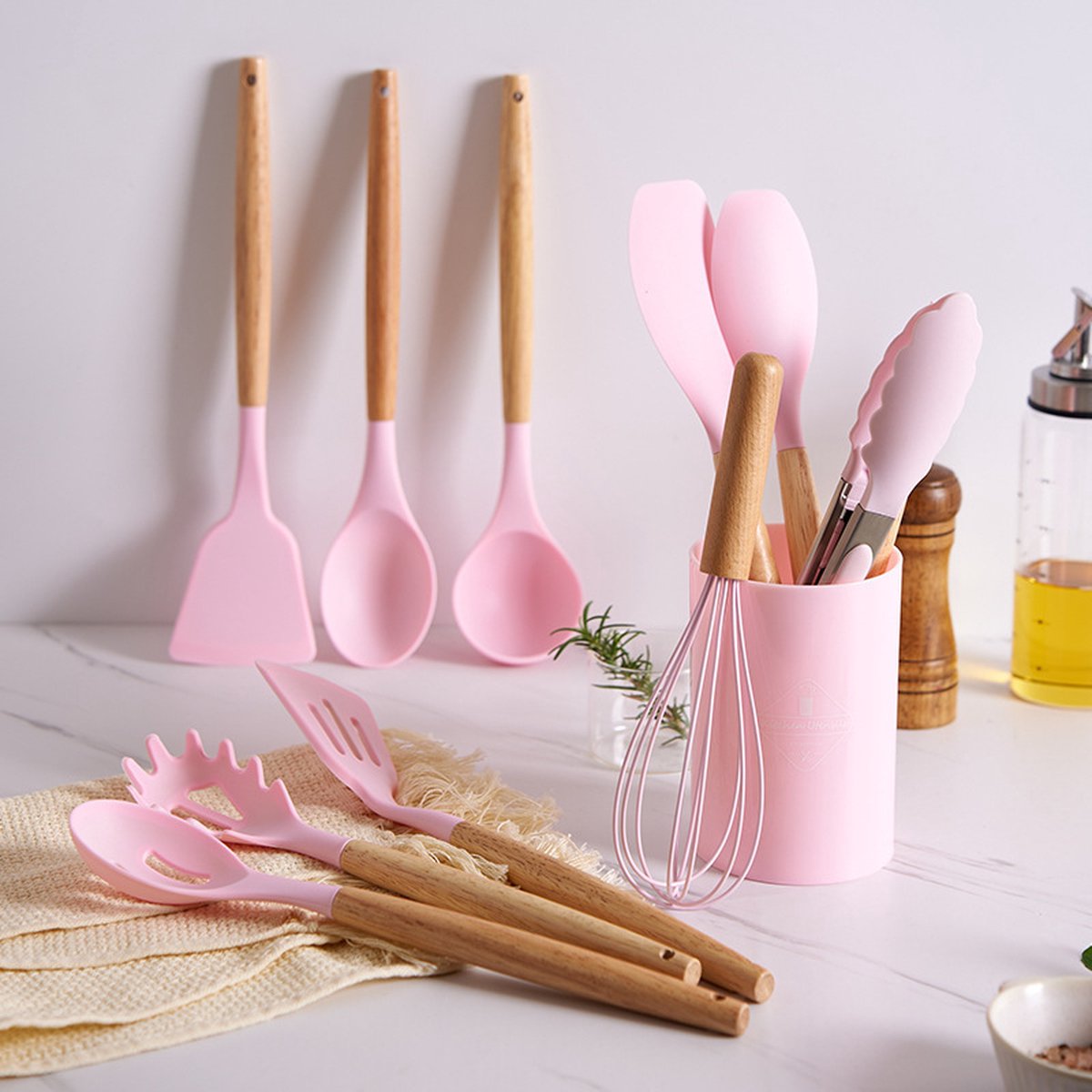 Cheffinger Kookgerei Set met Houder - 12-delig - Roze - Keukengerei Set