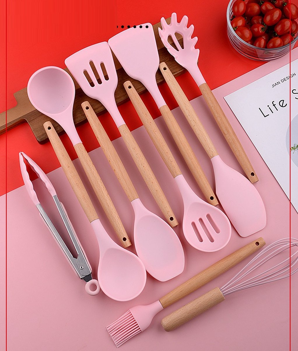 Cheffinger Kookgerei Set met Houder - 12-delig - Roze - Keukengerei Set