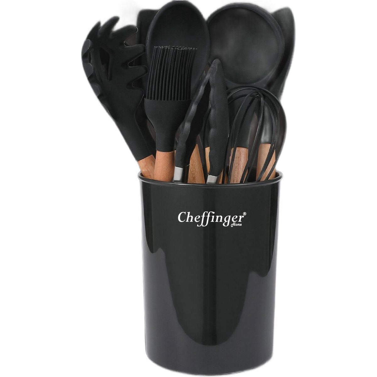 Cheffinger Kookgerei Set met Houder - 12-delig - Zwart - Keukengerei Set