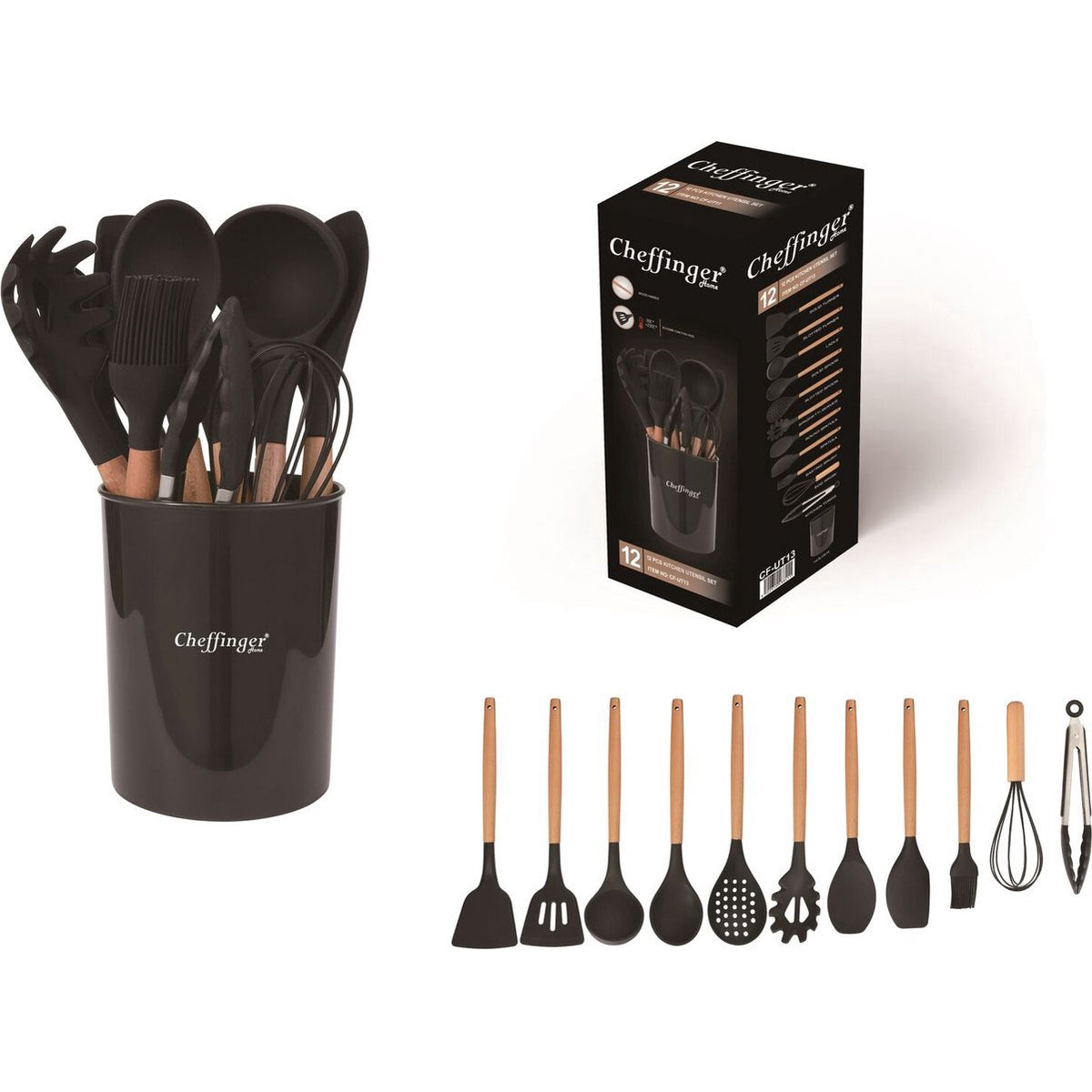 Cheffinger Kookgerei Set met Houder - 12-delig - Zwart - Keukengerei Set