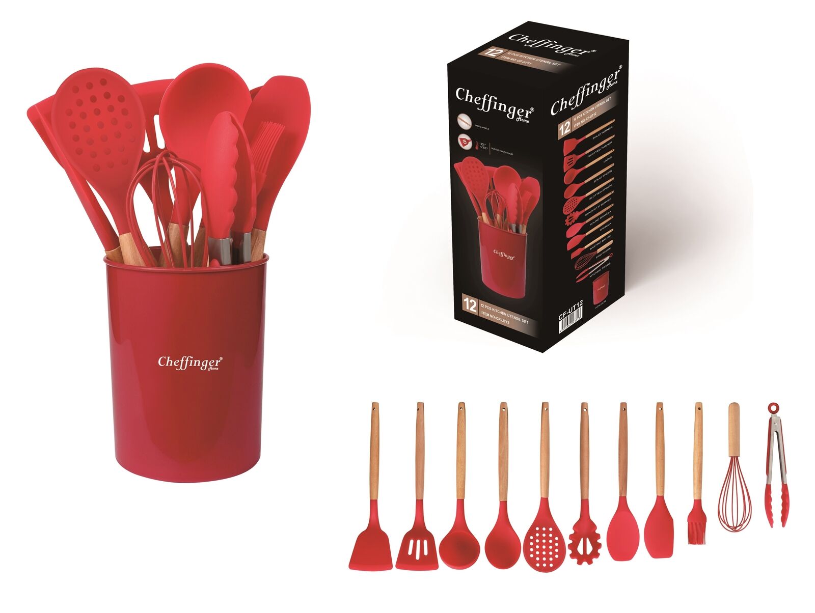 Cheffinger Keukengerei Set met Houder - 12-delig - Rood - Kookgerei Set