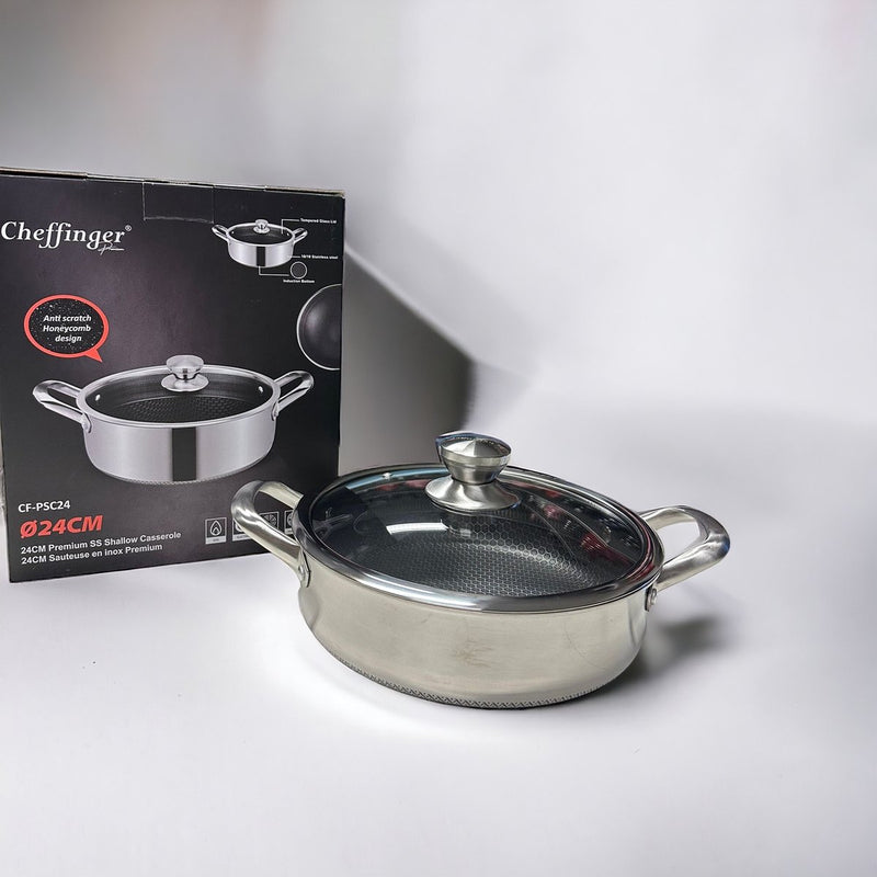 Clevinger Premium Low Frying Pan with Lid - 24cm - Stainless Steel - Honeycomb - Hexagon - Honeycomb