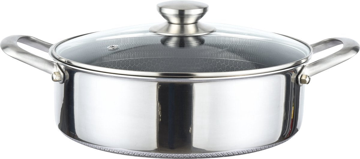 Cheffinger Premium Lage Braadpan met Deksel - 28cm - RVS - Honingraat - Hexagon - Honeycomb