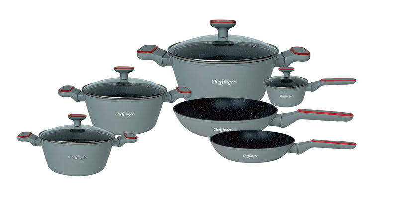 Cchefer Cookware Set - 10 pieces - Gray/Red - Induction - With glass lids 