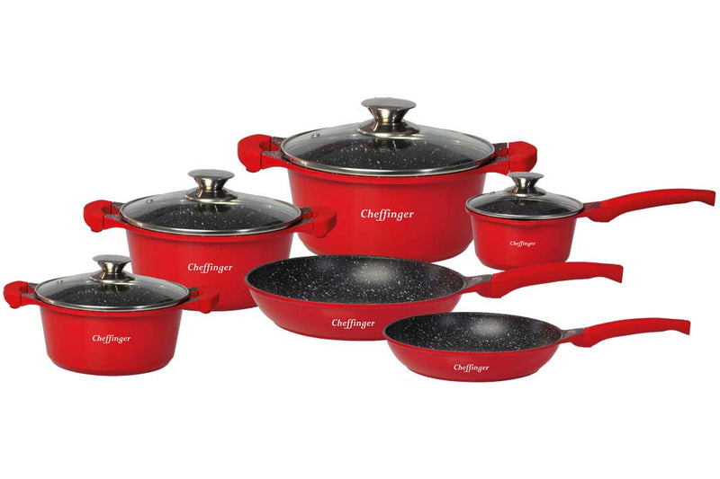Cchefer Cookware Set - 10 pieces - Red - Induction - With glass lids