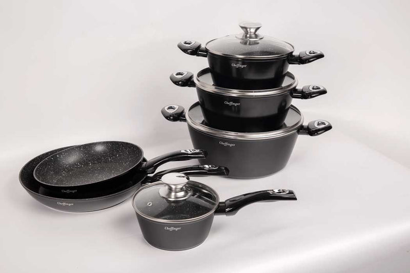 Cchefer Cookware Set - 10 pieces - Black - Induction - With glass lids