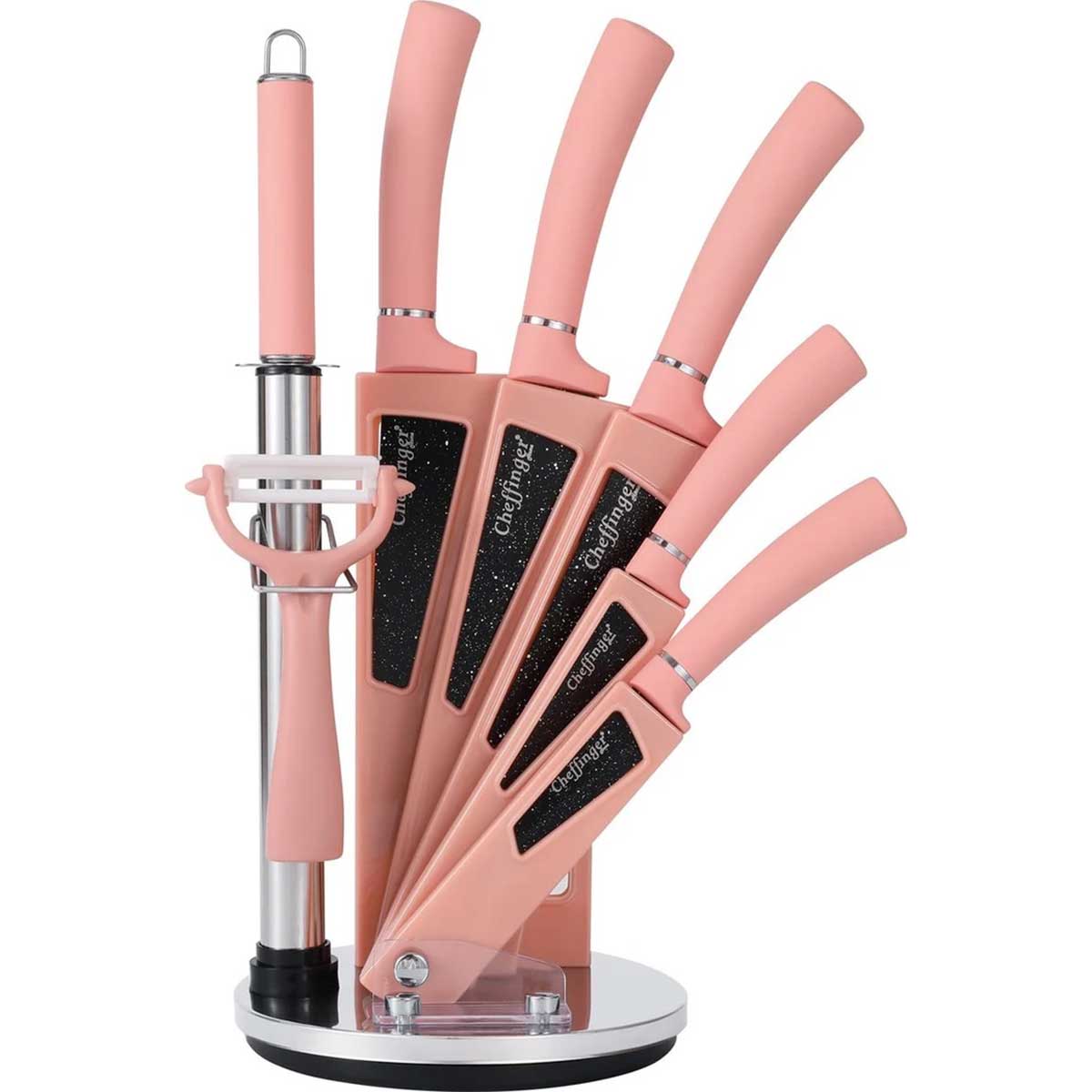 Cheffinger Messenset met Standaard - 8-delig - Roze – productafbeelding