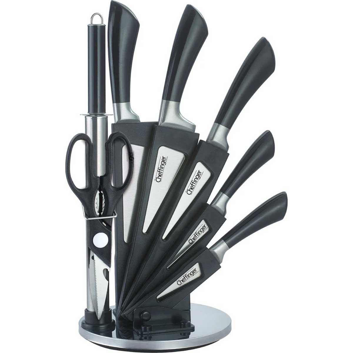 Cheffinger Messenset met Standaard - 8-delig - Zwart / Zilver – productafbeelding