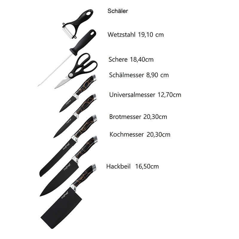 Cheffinger Messenset met Standaard - 9-delig - Zwart/Rosé Goud/Marmer
