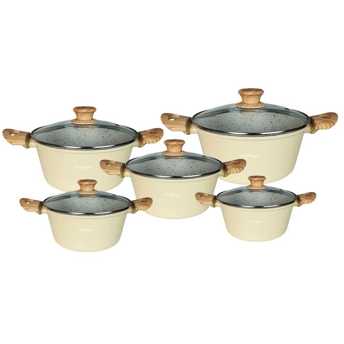 Cheffinger Pannenset - 10-delig - Beige - Inductie - Met Glazen Deksels – productafbeelding