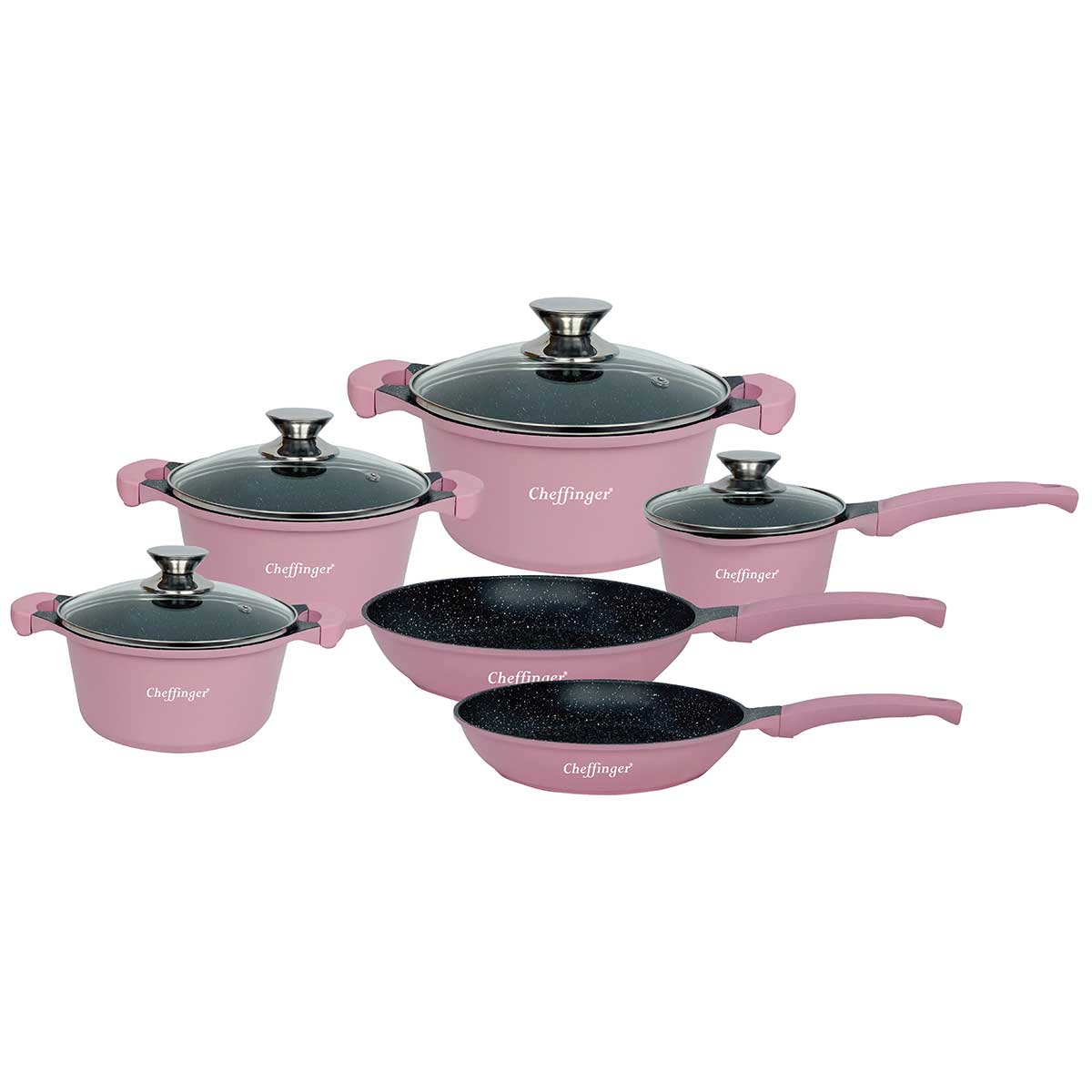 Cheffinger Pannenset - 10-delig - Roze - Glazen Deksels - Inductie