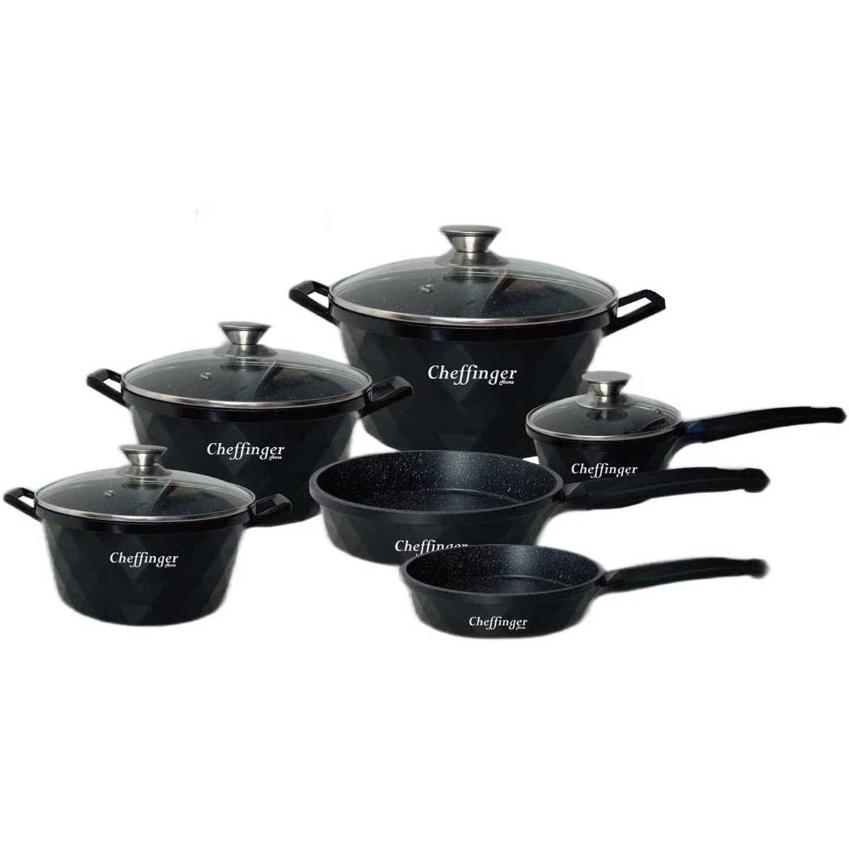 Cheffinger Pannenset - 12-delig - Zwart - Inductie - Met Glazen Deksels – productafbeelding