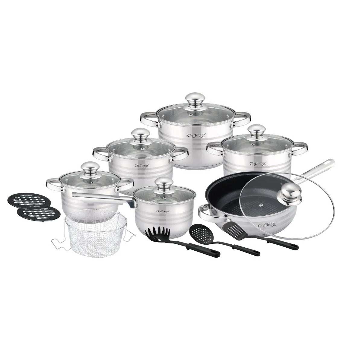 Cheffinger Pannenset - 18-delig - Zilver - RVS - Kookpannen - Inductie – productafbeelding