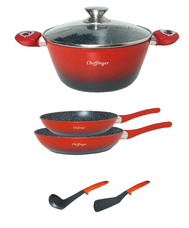 Cheffinger Pannenset - 6-delig - Koekenpan - Braadpan - Kookgerei - Rood