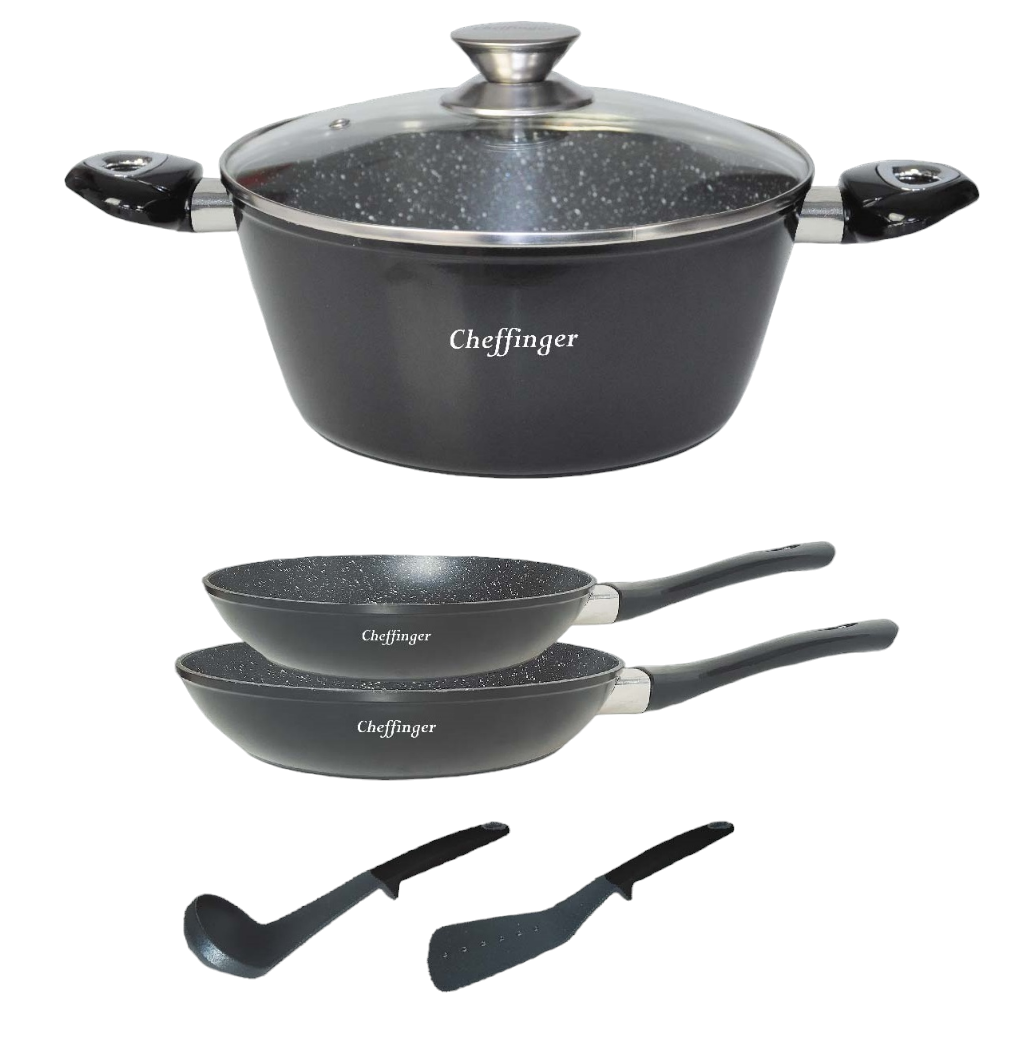 Cheffinger Pannenset - 6-delig - Koekenpan - Braadpan - Kookgerei - Zwart