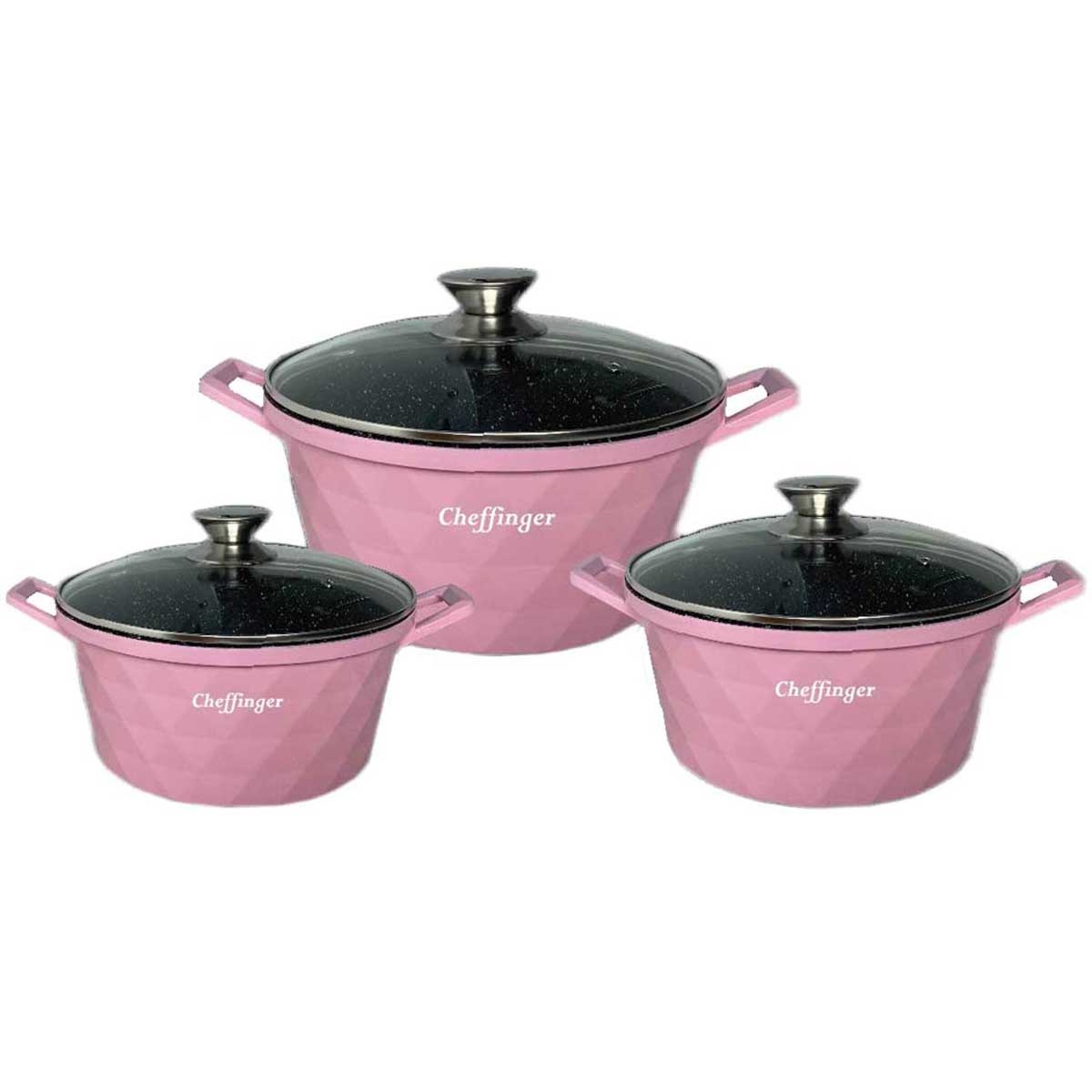 Cheffinger Pannenset - Diamond Line - 6-delig - 20, 24 & 28 cm - Roze