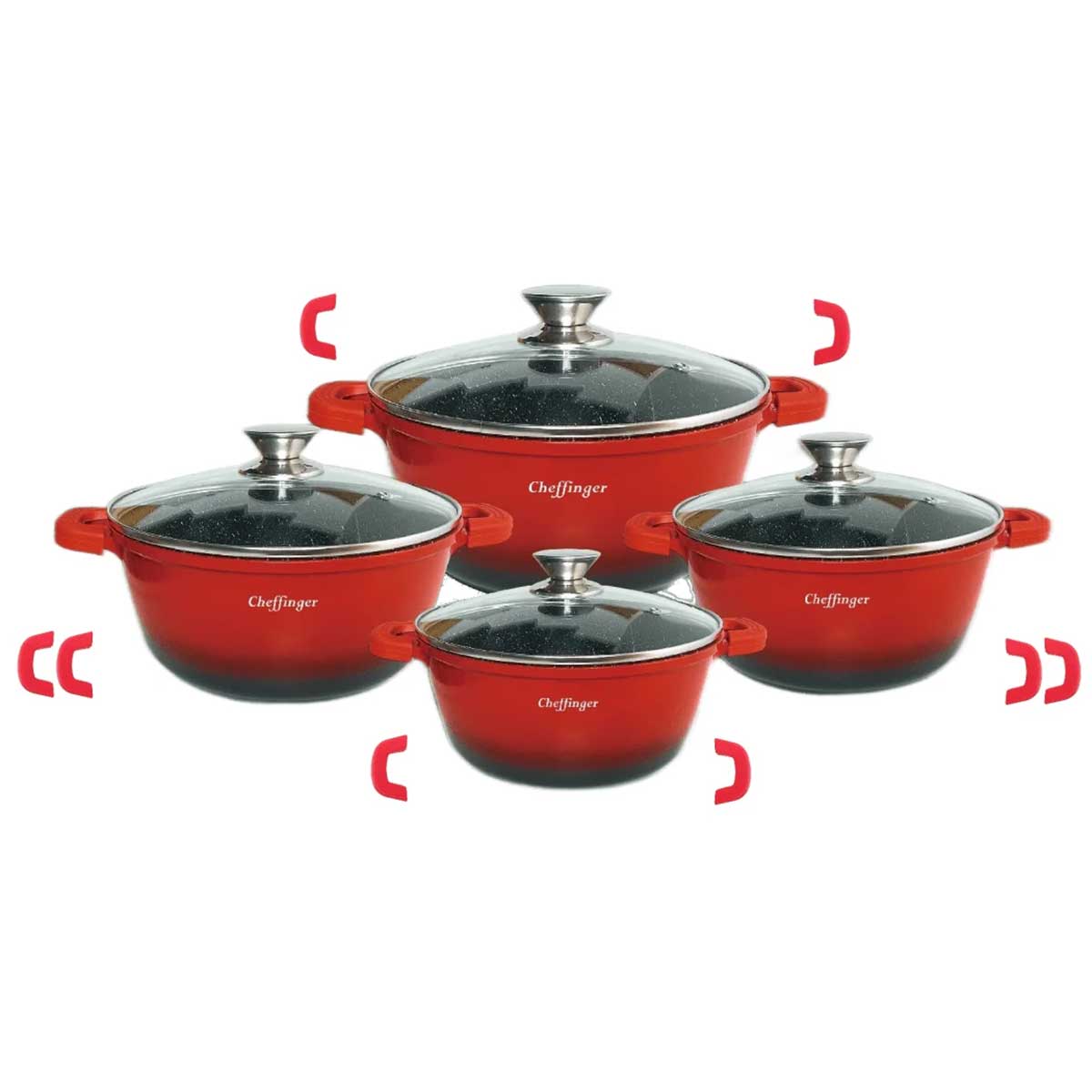 Cheffinger Pannenset met Deksel - 8-delig - Rood - Ø20/24/28/32cm - Inductie