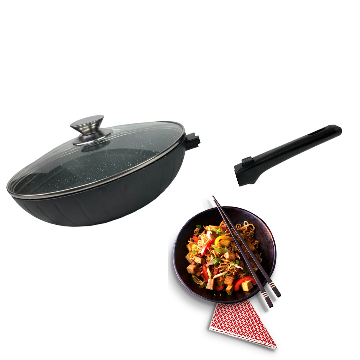 Cheffinger Wokpan met Deksel & Afneembare Handgreep - 32cm - TEKZEN