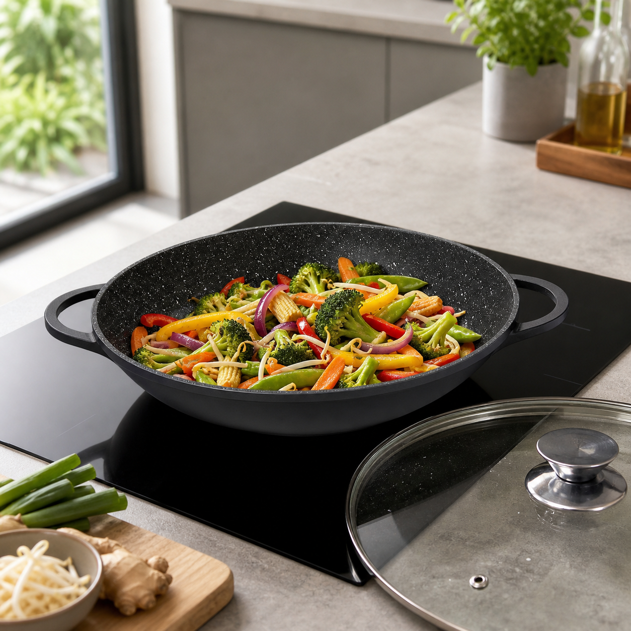 Cheffinger Wokpan met Deksel - 36cm - Zwart - Inductie - XL Wok Pan – productafbeelding 3