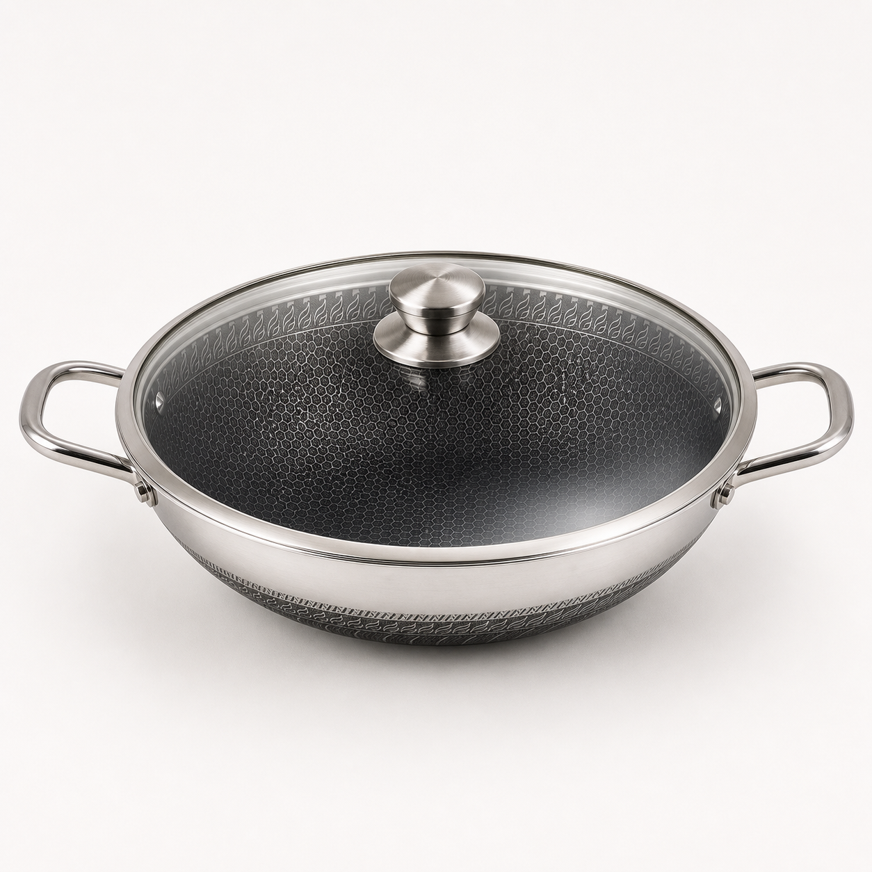 Cheffinger Wok Pan with Lid - 32cm - Stainless Steel - Honeycomb - Induction