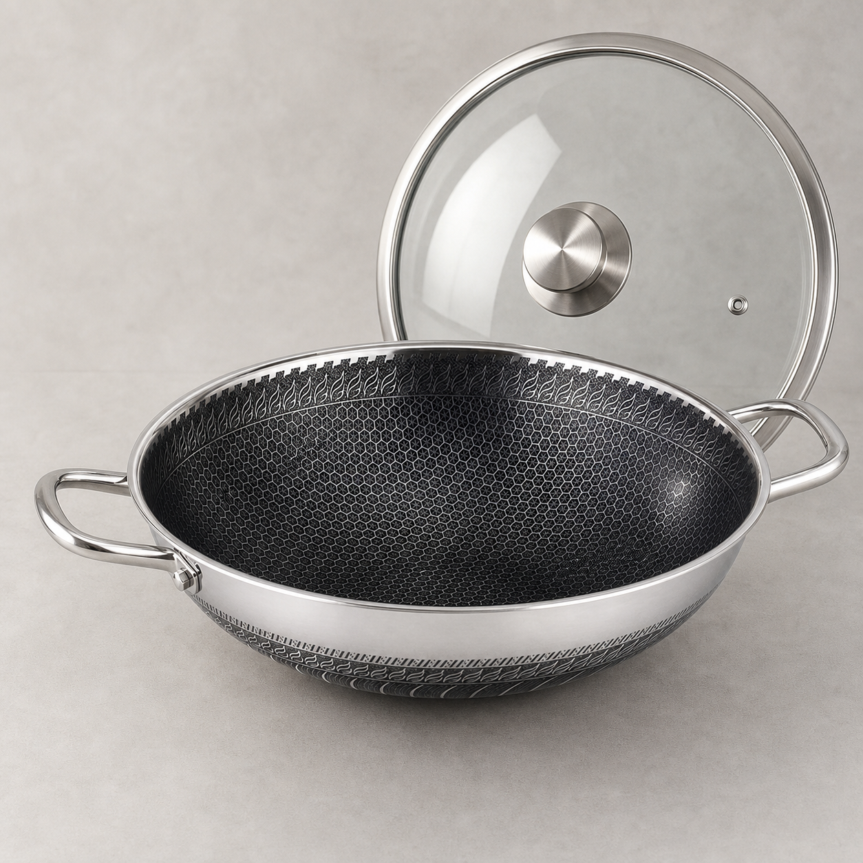 Cheffinger Wok Pan with Lid - 32cm - Stainless Steel - Honeycomb - Induction