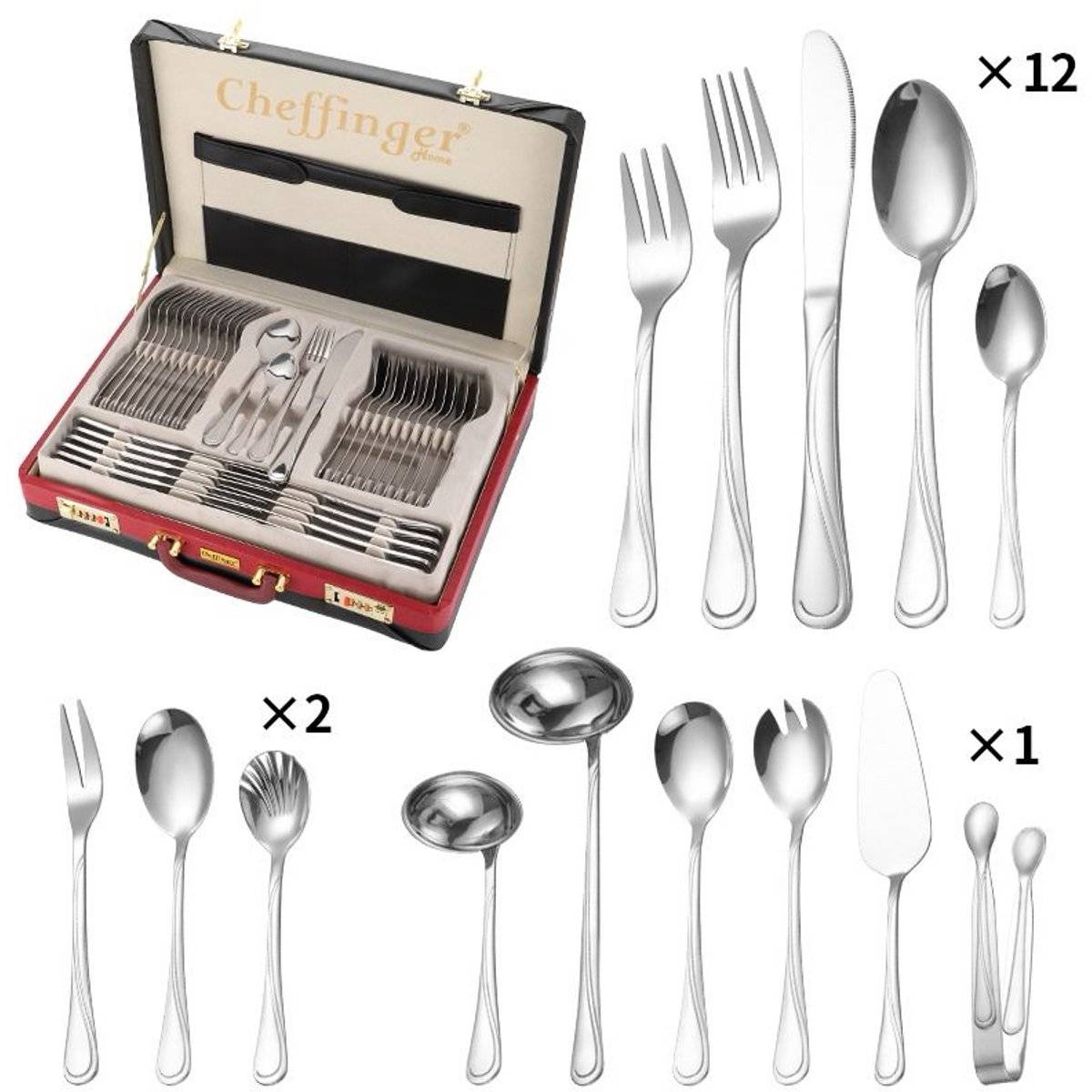 Cheffinger Bestekset incl. Koffer - 72-delig - Zilver - RVS