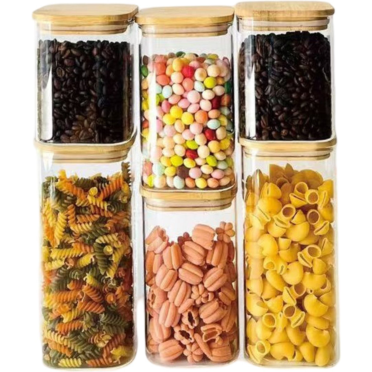 Cheffinger Glazen Voorraadpotten Set met Bamboe Deksel - 6-delig - 2x 750ml, 2x 1100ml, 2x 1500ml