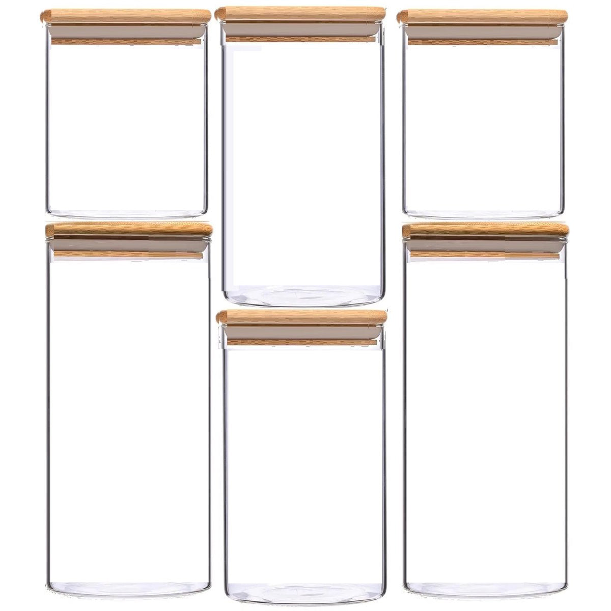 Cheffinger Glazen Voorraadpotten Set met Bamboe Deksel - 6-delig - 2x 750ml, 2x 1100ml, 2x 1500ml