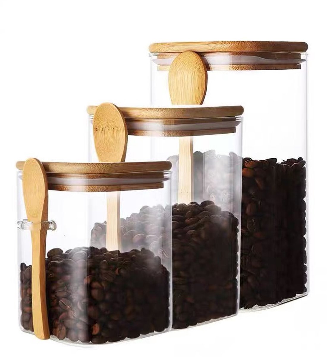 Cheffinger Glazen Voorraadpotten Set met Bamboe Deksel en Lepels - 3-delig - 900ml, 1100ml, 1500ml