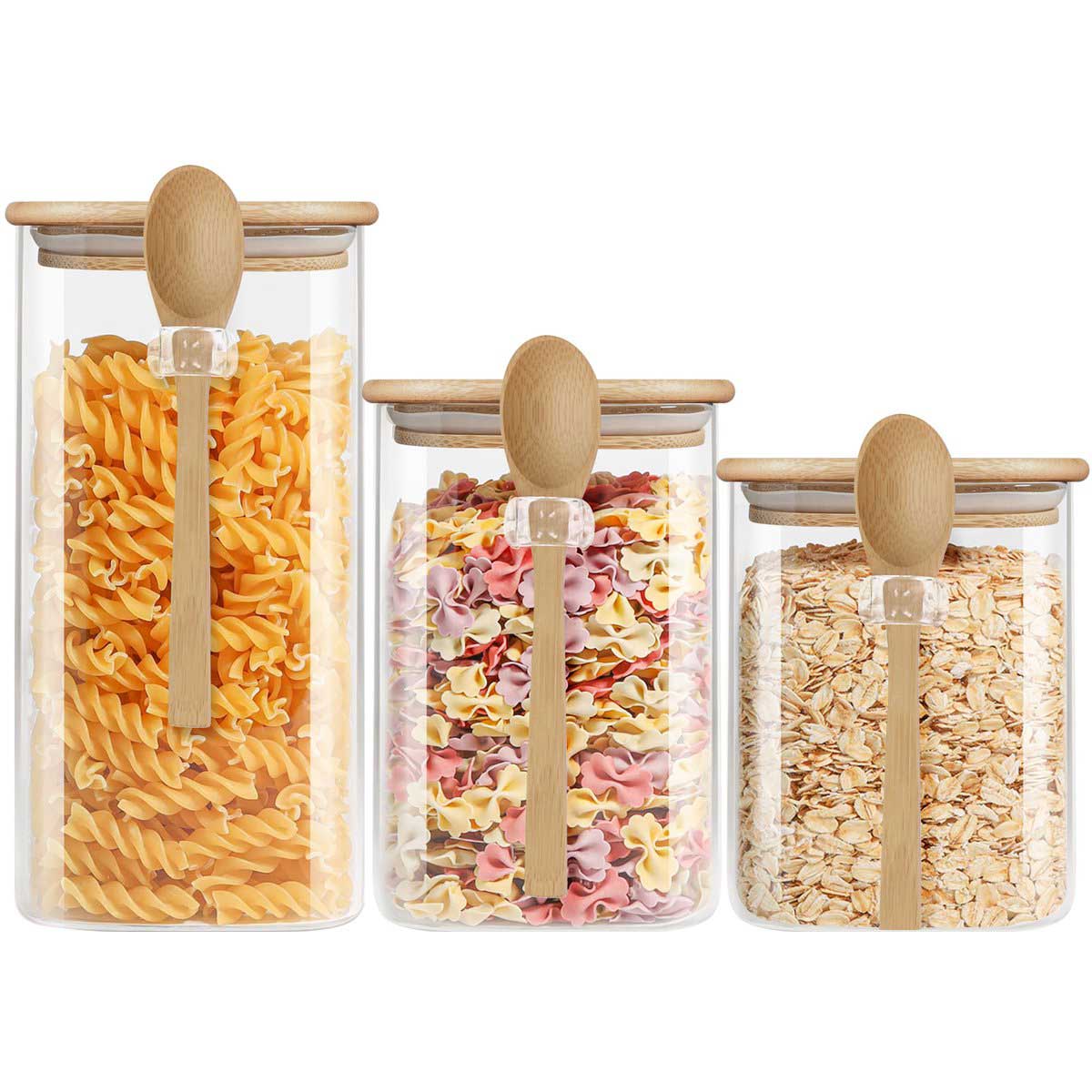 Cheffinger Glazen Voorraadpotten Set met Bamboe Deksel en Lepels - 3-delig - 900ml, 1100ml, 1500ml