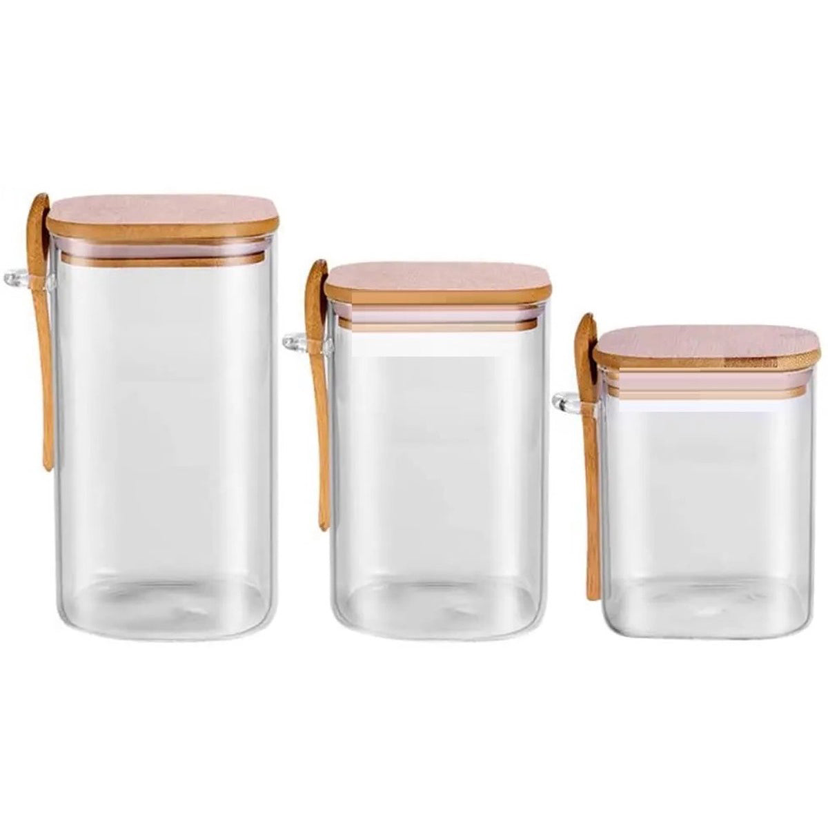 Cheffinger Glazen Voorraadpotten Set met Bamboe Deksel en Lepels - 3-delig - 900ml, 1100ml, 1500ml