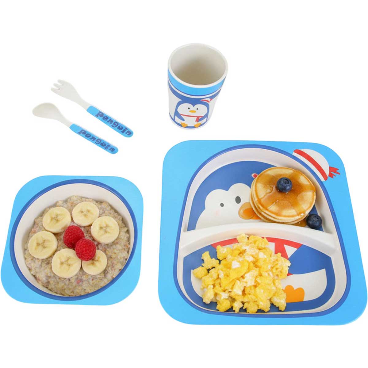 Cheffinger Kinderservies - Pinguïn - Bamboe - 5-delig - Blauw - Baby Servies - Kinderbestek
