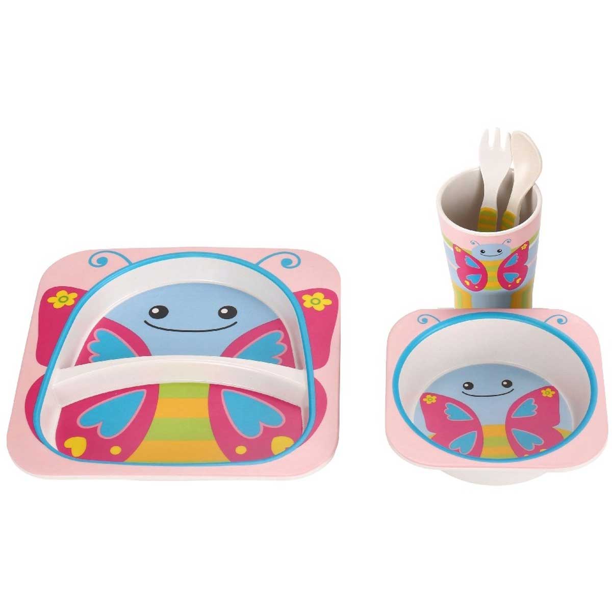 Cheffinger Kinderservies - Vlinder - Roze - 5-delig - Blauw - Baby Servies - Kinderbestek