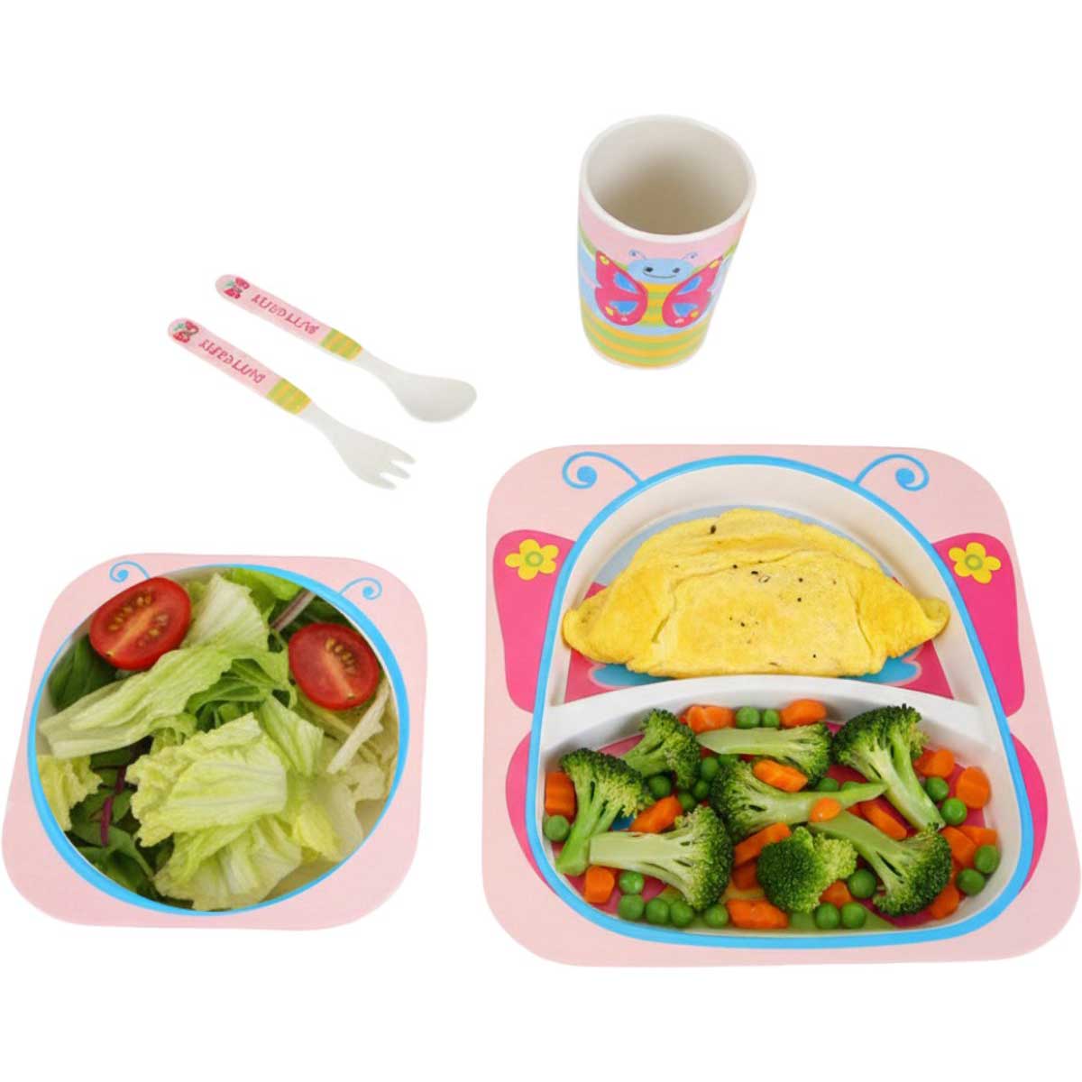 Cheffinger Kinderservies - Vlinder - Roze - 5-delig - Blauw - Baby Servies - Kinderbestek
