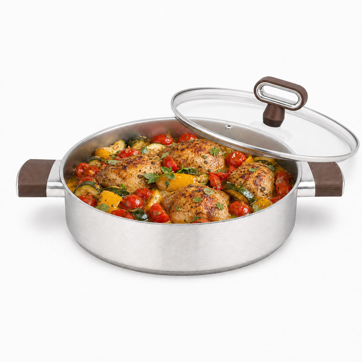 Cheffinger Lage Braadpan met Deksel - 28cm - Honingraat Antikras - Super Reliëf - Stof-Touch Handgreep met Houtlook - RVS - Inductie