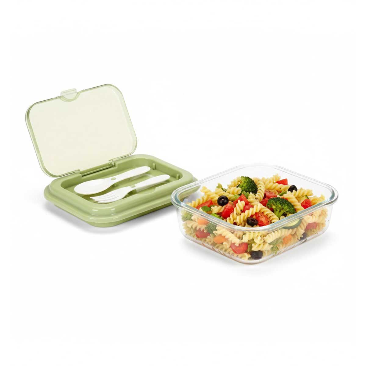 Cheffinger Lunchbox met Bestek - Glas - Groen - Bentobox - Multifunctioneel Voor Werk en School - Meal Prep Bakje