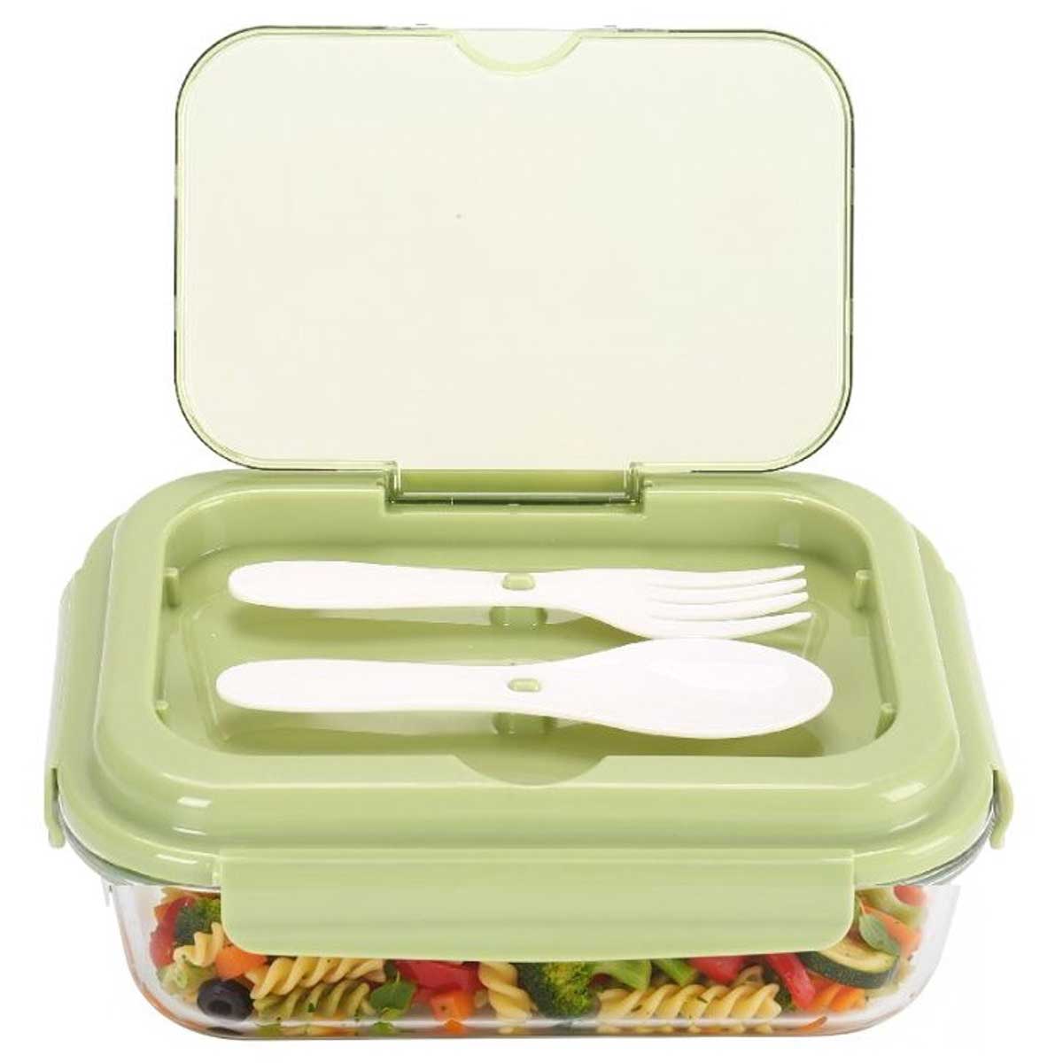 Cheffinger Lunchbox met Bestek - Glas - Groen - Bentobox - Multifunctioneel Voor Werk en School - Meal Prep Bakje