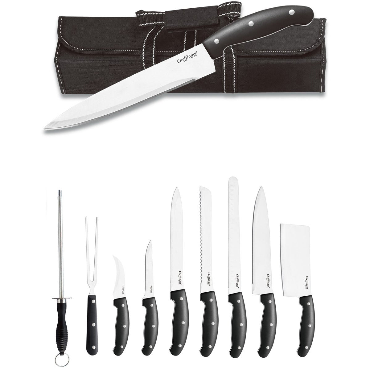 Cheffinger Knife Set – 10 Piece – Professional Kitchen &amp; BBQ Knives with Sharpener and Storage Bag