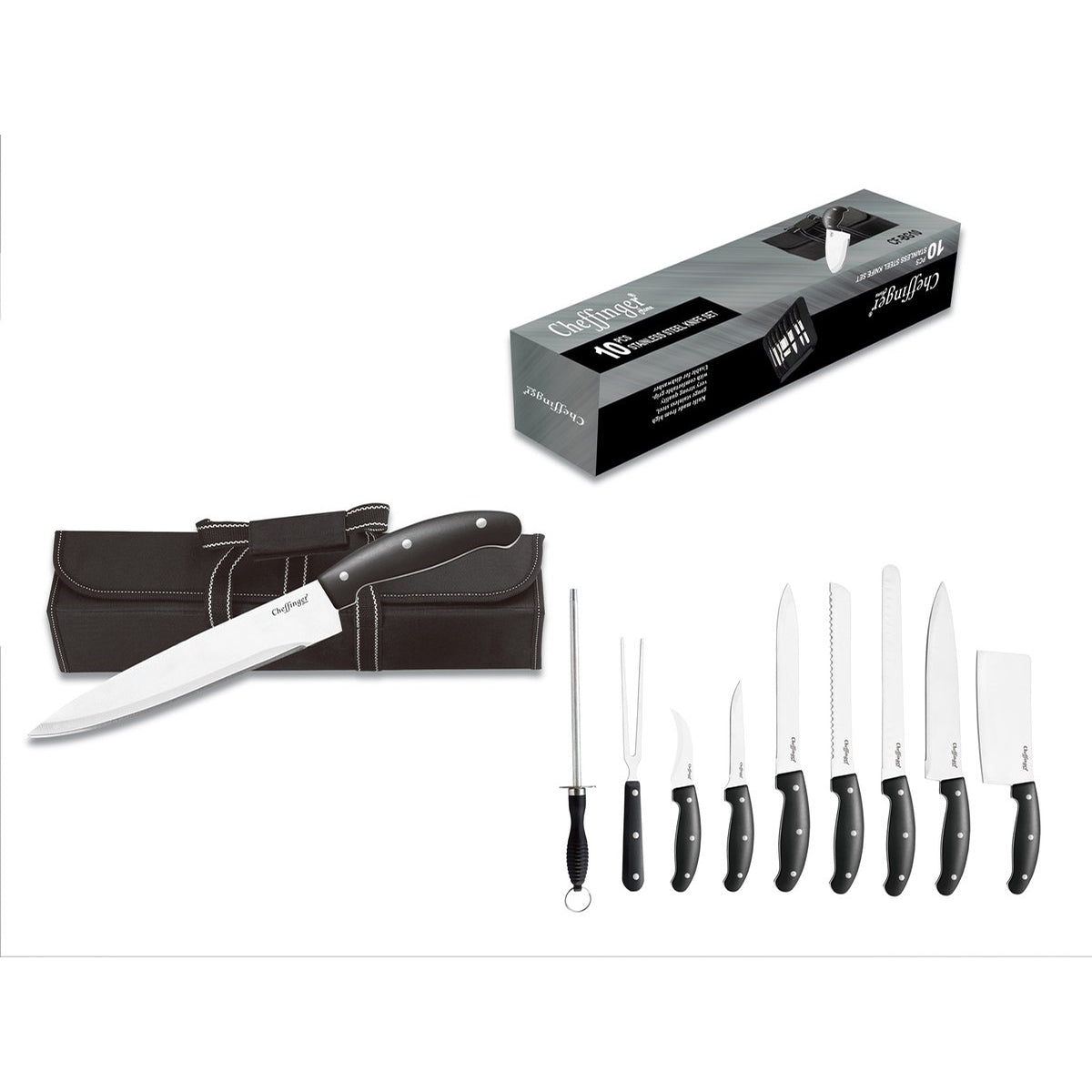 Cheffinger Knife Set – 10 Piece – Professional Kitchen &amp; BBQ Knives with Sharpener and Storage Bag