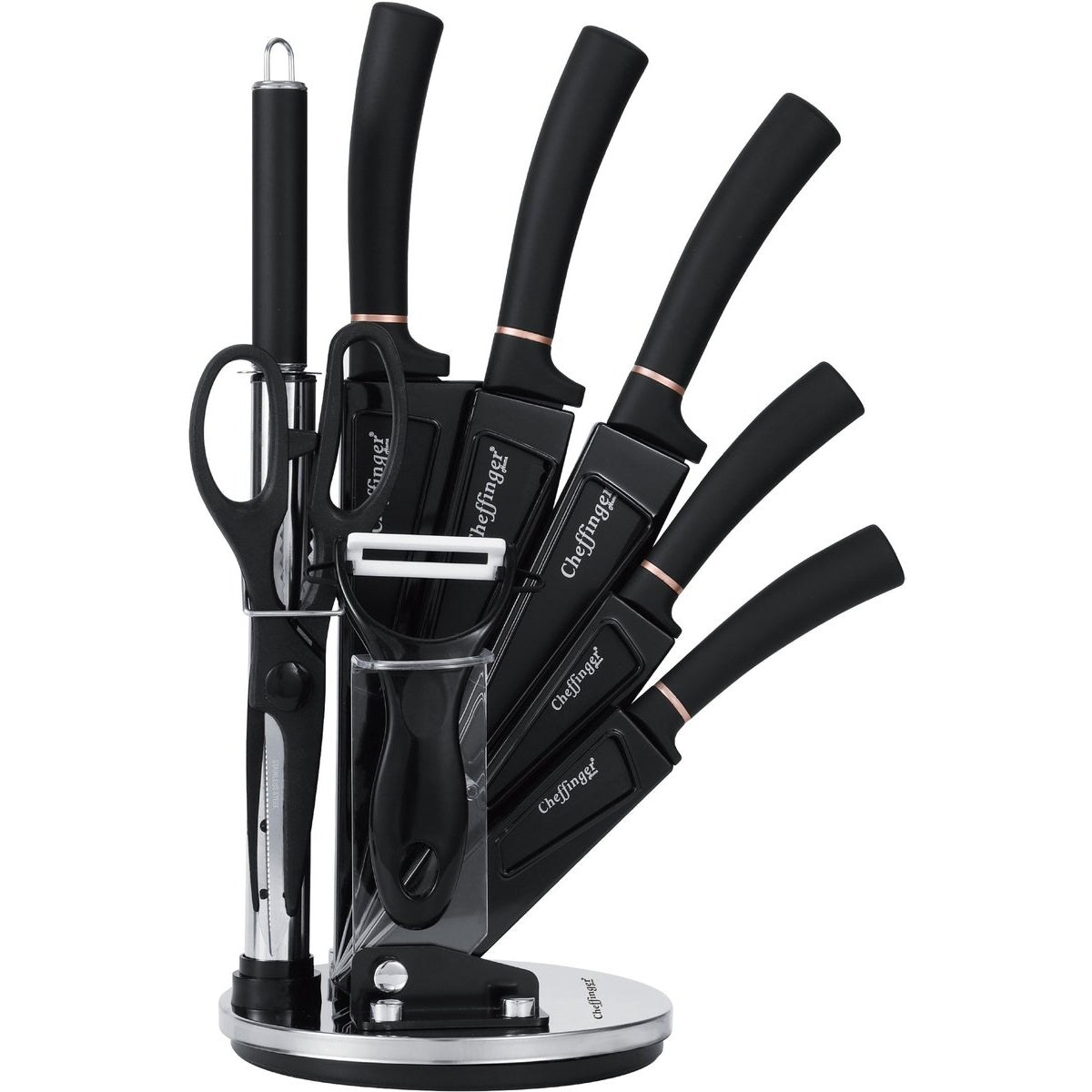 Cheffinger Knife Set with Stand - 9-piece - Black / Rose Gold