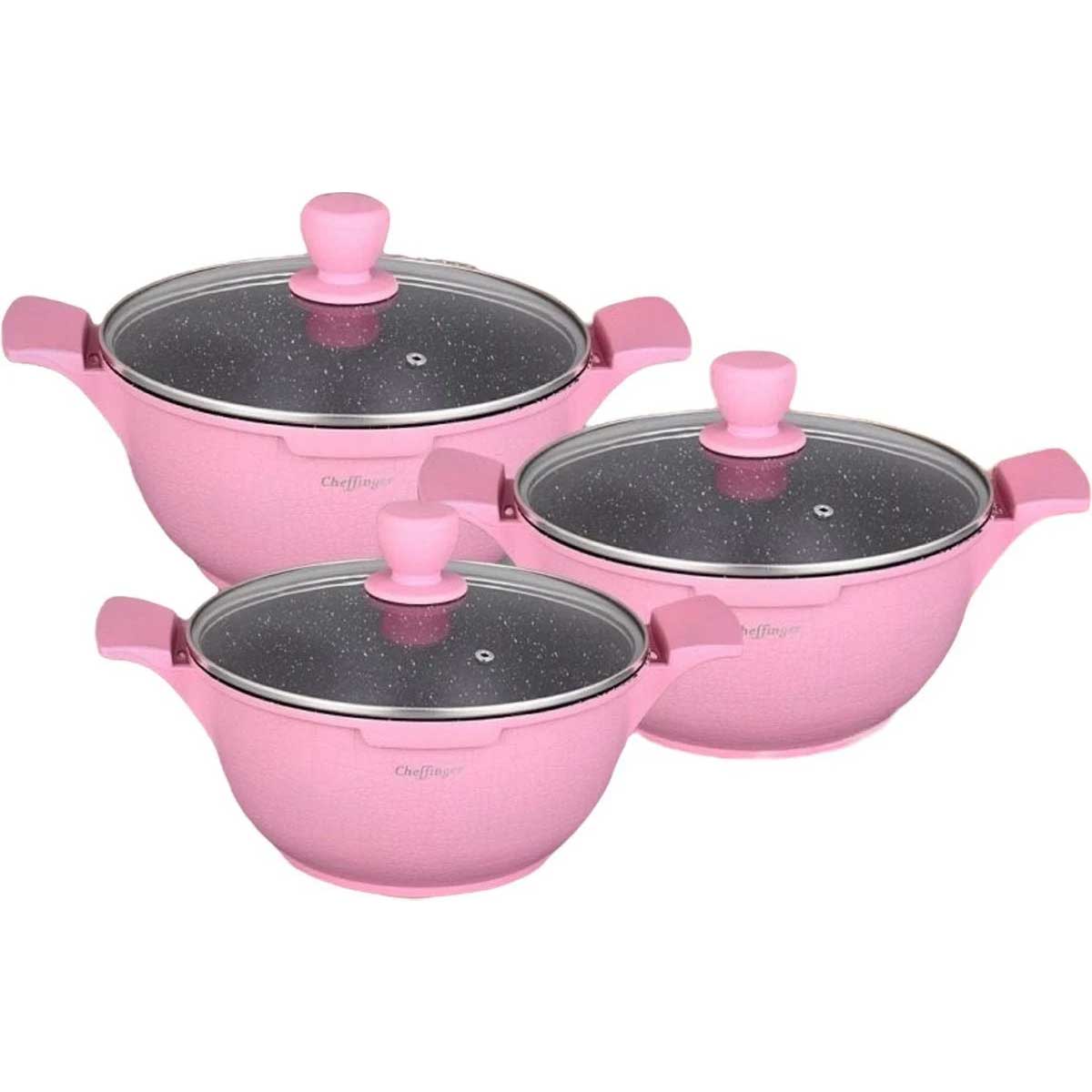 Cheffinger Pannenset - Crocodile Line - 6-delig - 20, 24 & 28cm - Roze