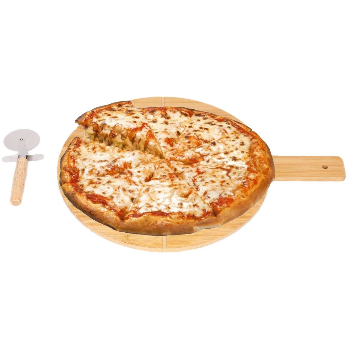 Cheffinger Pizzaplank met Pizzasnijder - Bamboe - Pizza Serveerplank met Handvat