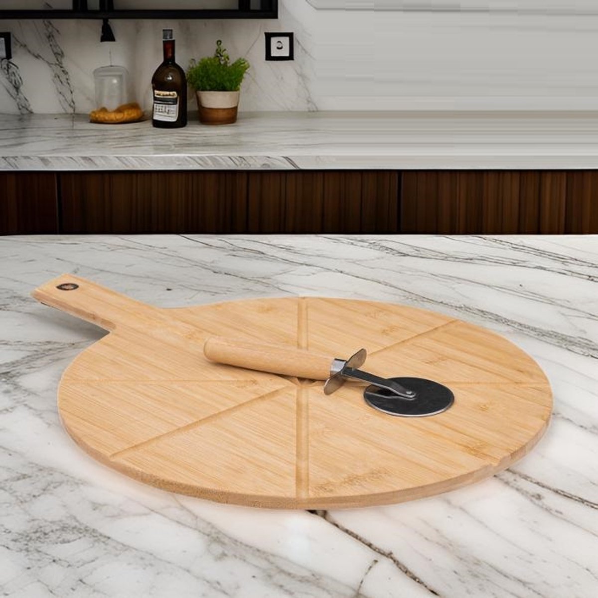 Cheffinger Pizzaplank met Pizzasnijder - Bamboe - Pizza Serveerplank met Handvat