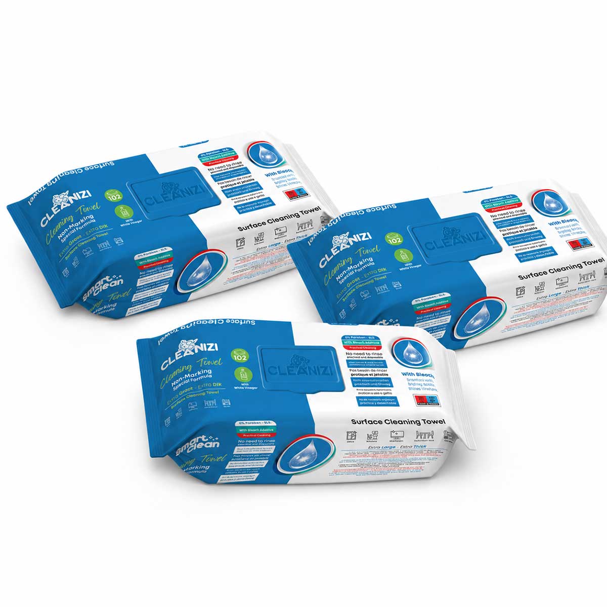 Cleanizi Schoonmaakdoekjes met Bleekmiddel – 3 Pak x 100 Stuks - Extra Groot & Dik – Streeploos Schoon – Frisse Geur – 0% Parabenen