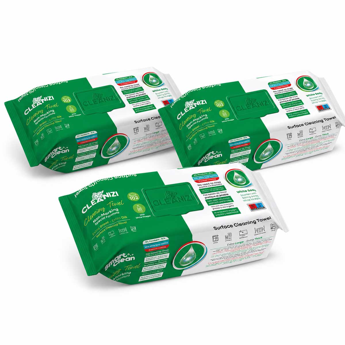 Cleanizi Schoonmaakdoekjes met Witte Zeep - 3 Pak x 100 Stuks - Extra Groot & Dik – Streeploos Schoon – Frisse Geur – 0% Parabenen