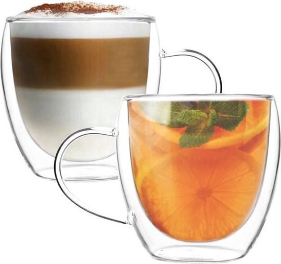 MONOO Dubbelwandige Glazen met Oor - 250 ml - Set van 2 - Koffieglazen - Theeglas - Cappuccino Glazen - Latte Macchiato Glazen