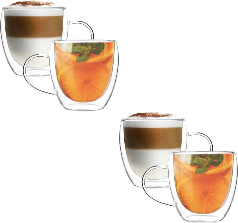 Dubbelwandige Glazen met Oor - 250 ml - Set van 4 - Koffieglazen - Theeglas - Cappuccino Glazen - Latte Macchiato Glazen - Glas - TEKZEN