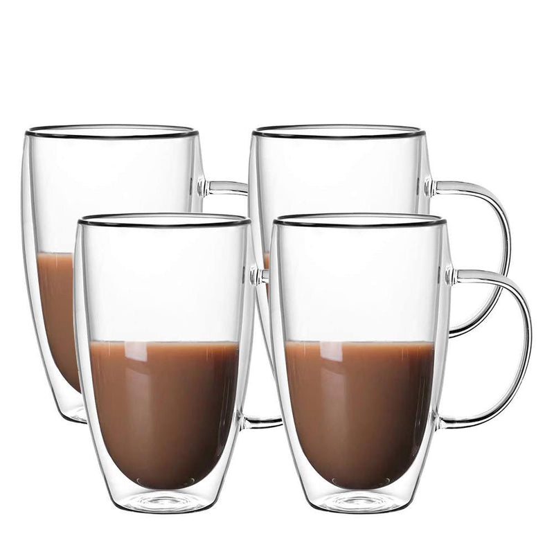 Dubbelwandige Glazen met Oor - 450 ml - Set van 4 - Koffieglazen - Theeglas - Cappuccino Glazen - Latte Macchiato Glazen - Glas - TEKZEN