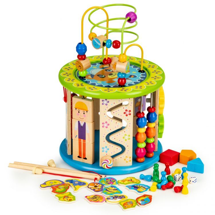ECOTOYS Houten Activiteitenkubus - Visspel & Blokken - Educatief