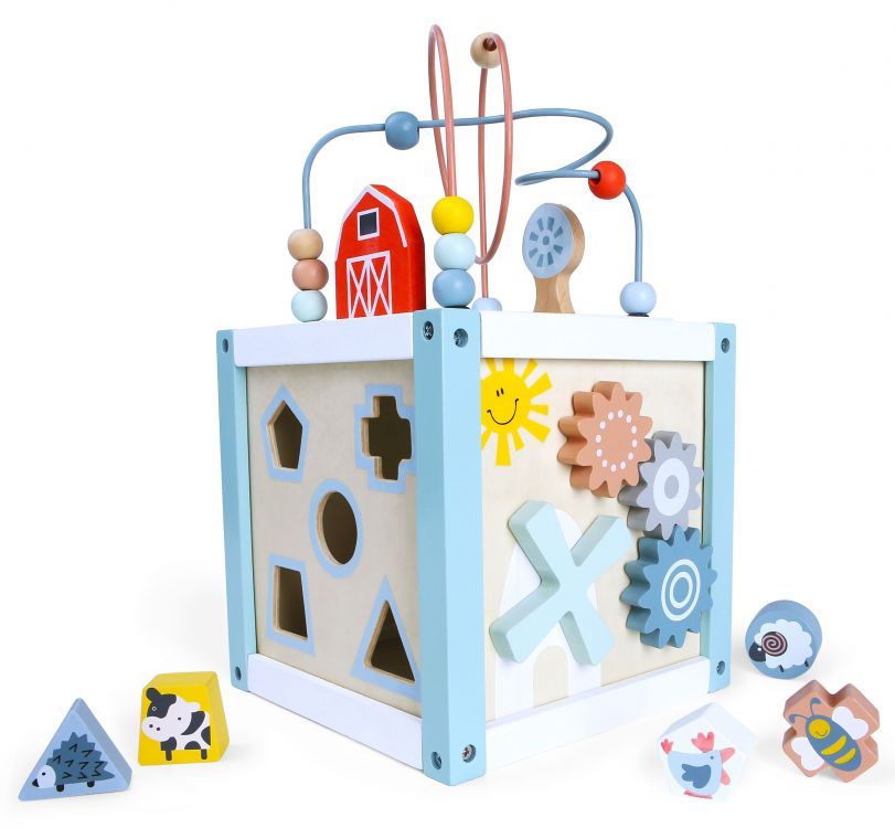 ECOTOYS Houten Activiteitenkubus 5-in-1 - Vormenstoof & Kralenbaan